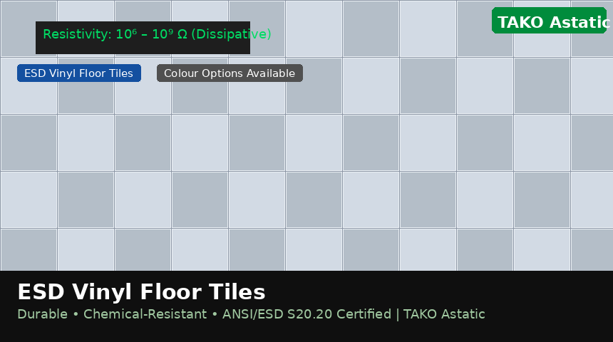 TAKO ESD vinyl floor installation Penang Free Industrial Zone TAKO ESD Vinyl Floor Tiles — multi-colour, chemical-resistant, ANSI/ESD S20.20 certified